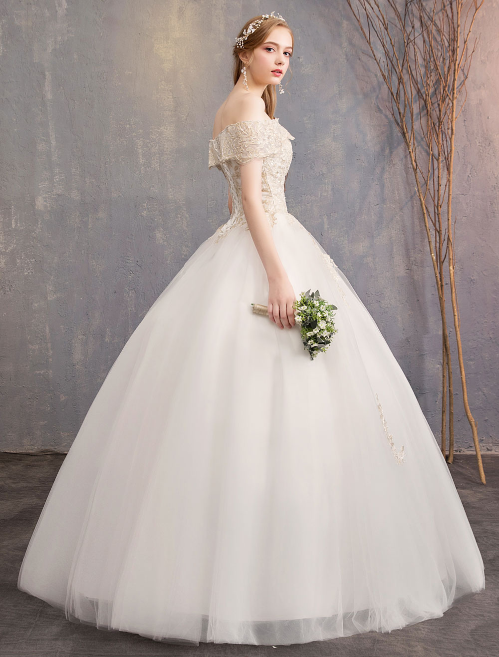 Princess Wedding Dress Ivory Lace Applique Off The Shoulder Short Sleeve Bridal Gown-newarrivaldress