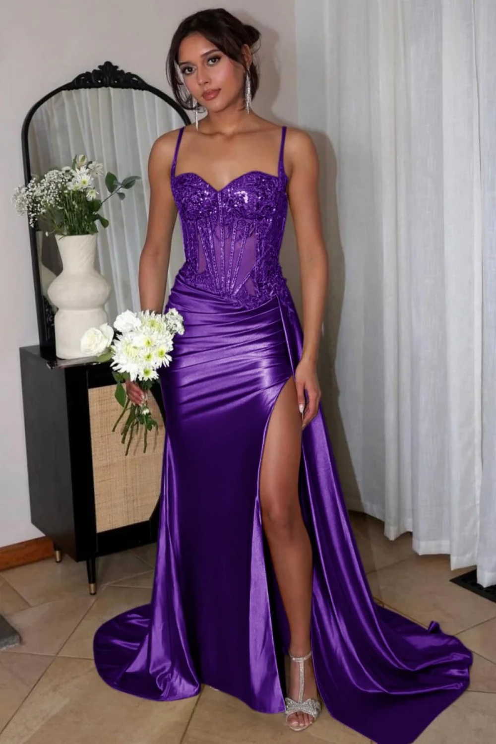 Charming Sweetheart Ruched Satin Side Slit Prom Dress Crystals Spaghetti Straps Long Party Dress-newarrivaldress