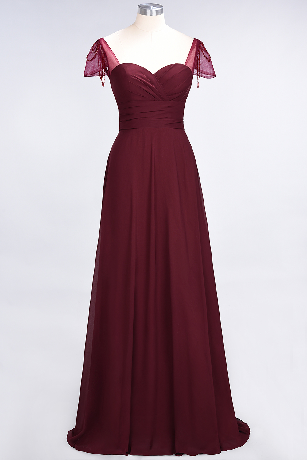 Elegant Princess Chiffon Sweetheart Cap-Sleeves Ruffle Floor-Length Bridesmaid Dress with Beadings-newarrivaldress