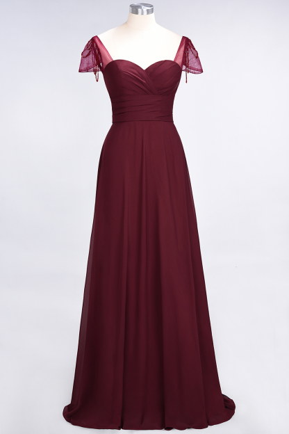 Elegant Princess Chiffon Sweetheart Cap-Sleeves Ruffle Floor-Length Bridesmaid Dress with Beadings-newarrivaldress