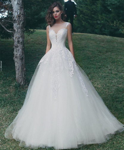 Tulle A-Line Appliques Sleeveless Glamorous Wedding Dresses Online-newarrivaldress