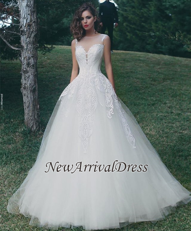 Tulle A-Line Appliques Sleeveless Glamorous Wedding Dresses Online-newarrivaldress