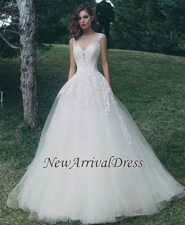 Tulle A-Line Appliques Sleeveless Glamorous Wedding Dresses Online-newarrivaldress