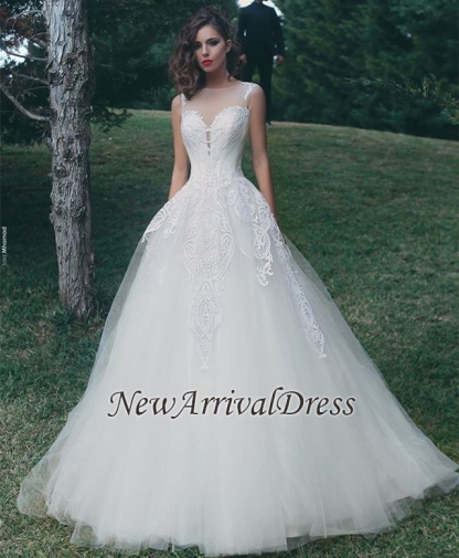 Tulle A-Line Appliques Sleeveless Glamorous Wedding Dresses Online-newarrivaldress