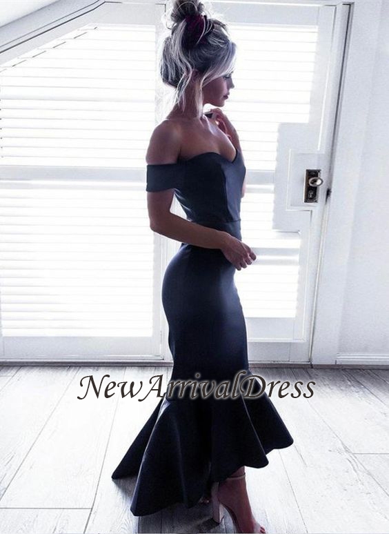 Short-Sleeves Off-The-Shoulder Black Mermaid Ruffle High-Low Chic Prom Dresses-newarrivaldress