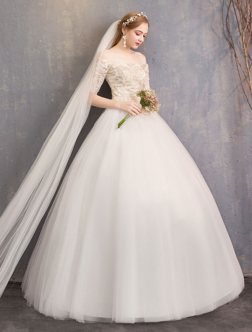 Tulle Wedding Dress Off The Shoulder Half Sleeve Princess Bridal Gown-newarrivaldress