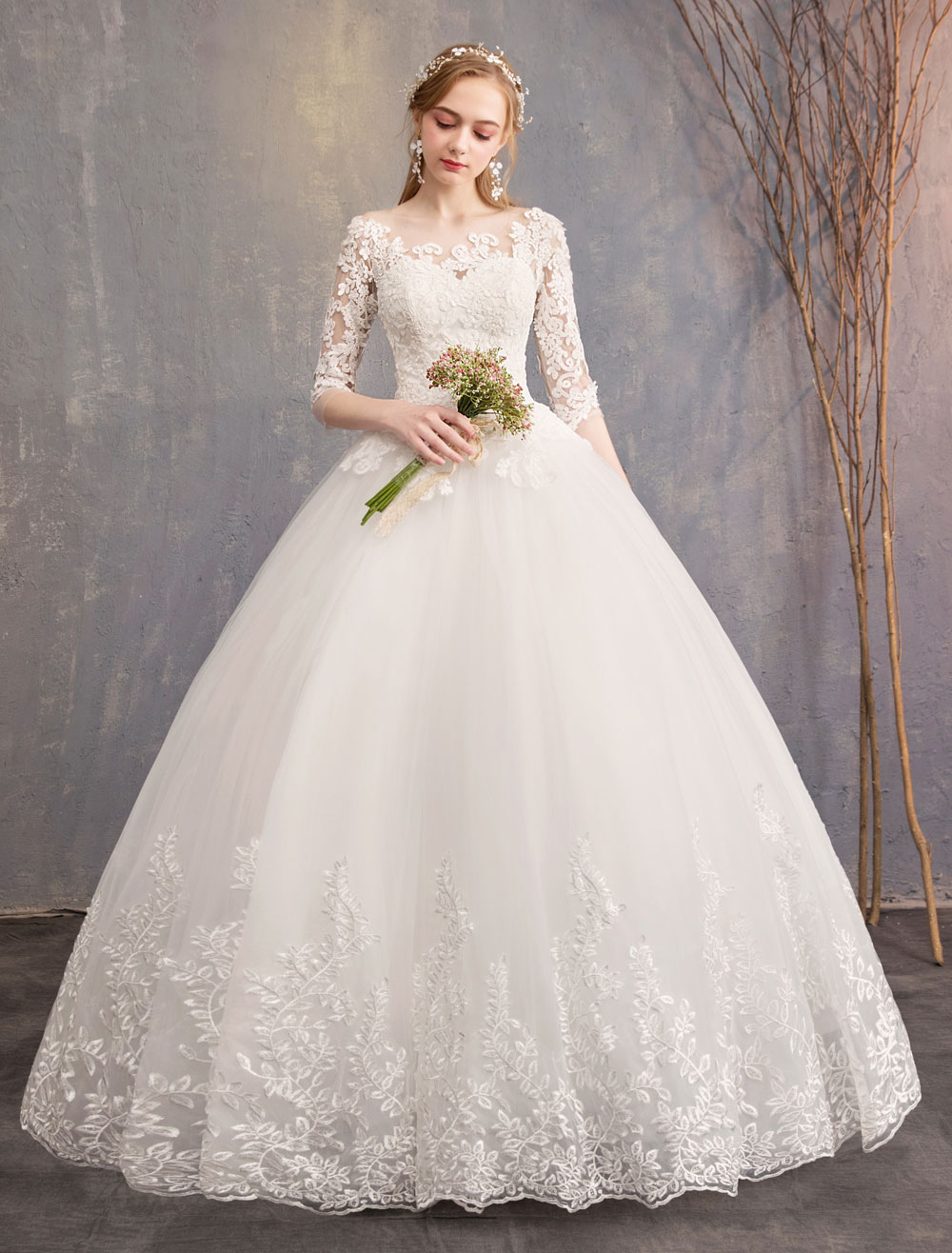 Princess Wedding Dresses Lace Illusion Neckline Half Sleeve Floor Length Bridal Gown-newarrivaldress