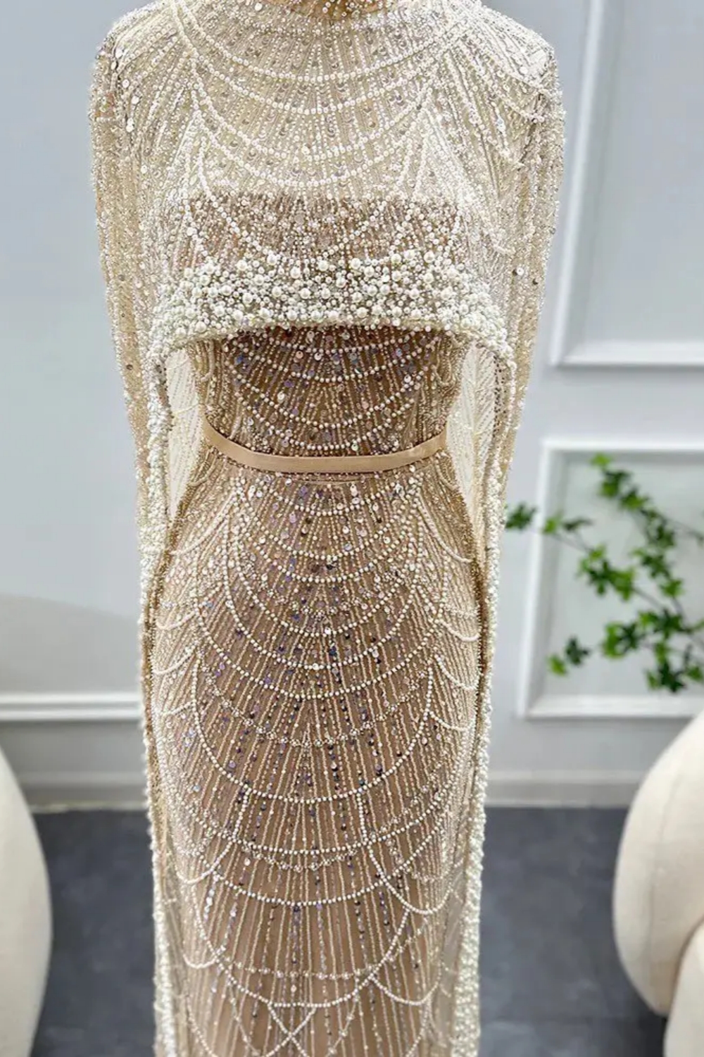 Elegant Arabic Mermaid Evening Gown with Cape Sparkly Beadings Floor Length Special Occasion Dress-newarrivaldress