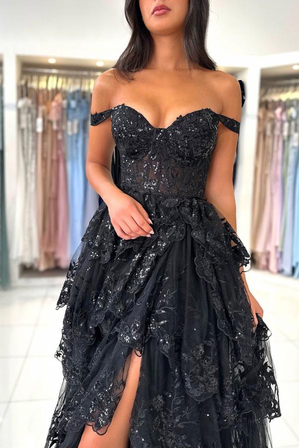 Charming Off-the-Shoulder Shiny Puffy Front Slit Evening Dress-newarrivaldress