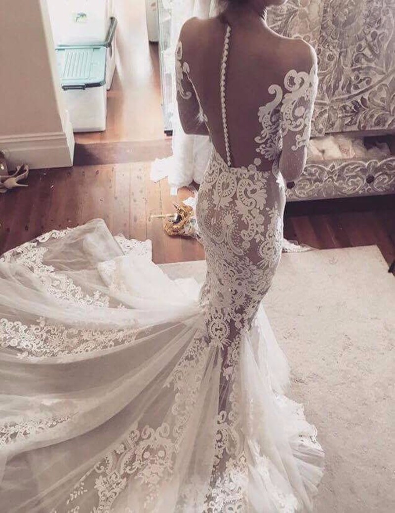 Appliques Glamorous Tulle Mermaid Long Sleeve Sexy Wedding Dresses Online-newarrivaldress