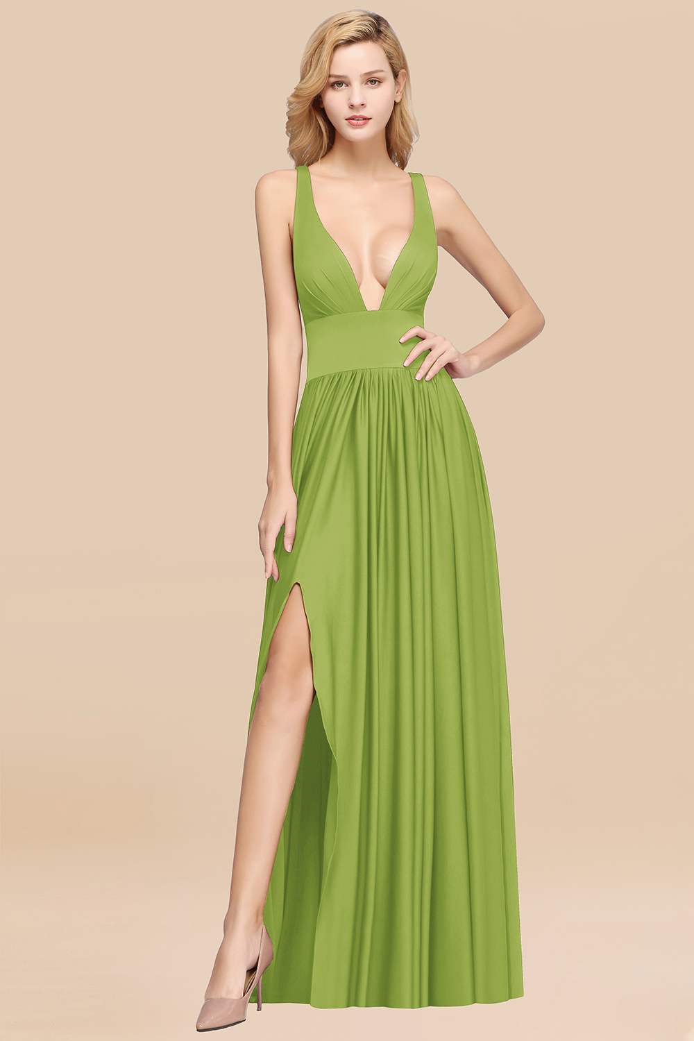 Elegant V-Neck Sleeveless Bridesmaid Dress |Aline Floor Length Bridesmaid Dress With Slit-newarrivaldress