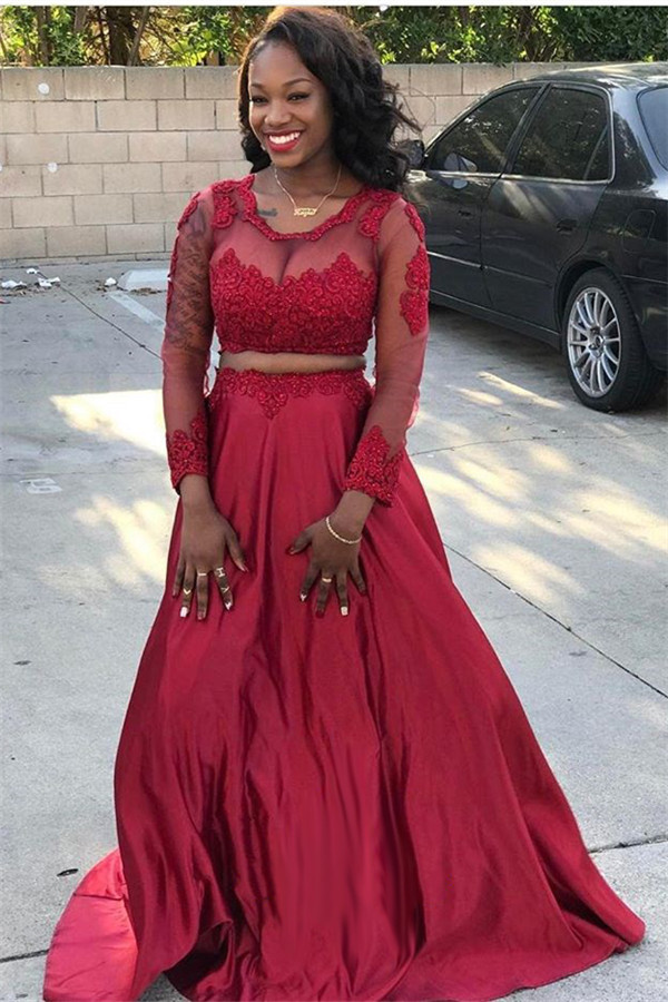 Two Pieces Round Neck Long Sleeves A-Line Prom Dress-newarrivaldress