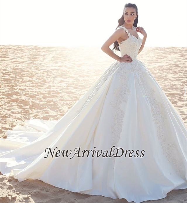 Sleeveless Satin Elegant Straps Appliques Ball Gown Wedding Dresses Online-newarrivaldress