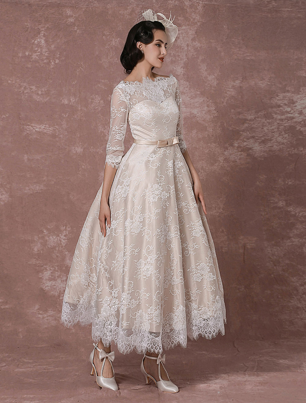 Lace Wedding Dress Vintage Bateau Champagne Half Sleeves Bridal Gown A Line Backless Tea Length Sash Reception Bridal Dress Exclusive-newarrivaldress