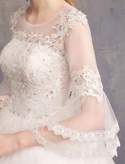 Ball Gown Wedding Dresses Tulle Jewel 3/4 Length Sleeve Floor Length Princess Bridal Gown-newarrivaldress