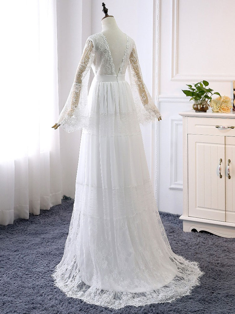 Boho Wedding Dresses 2021 A Line Deep V Neck Multilayer Lace Chiffon Beach Party Dress Bridal Gowns-newarrivaldress