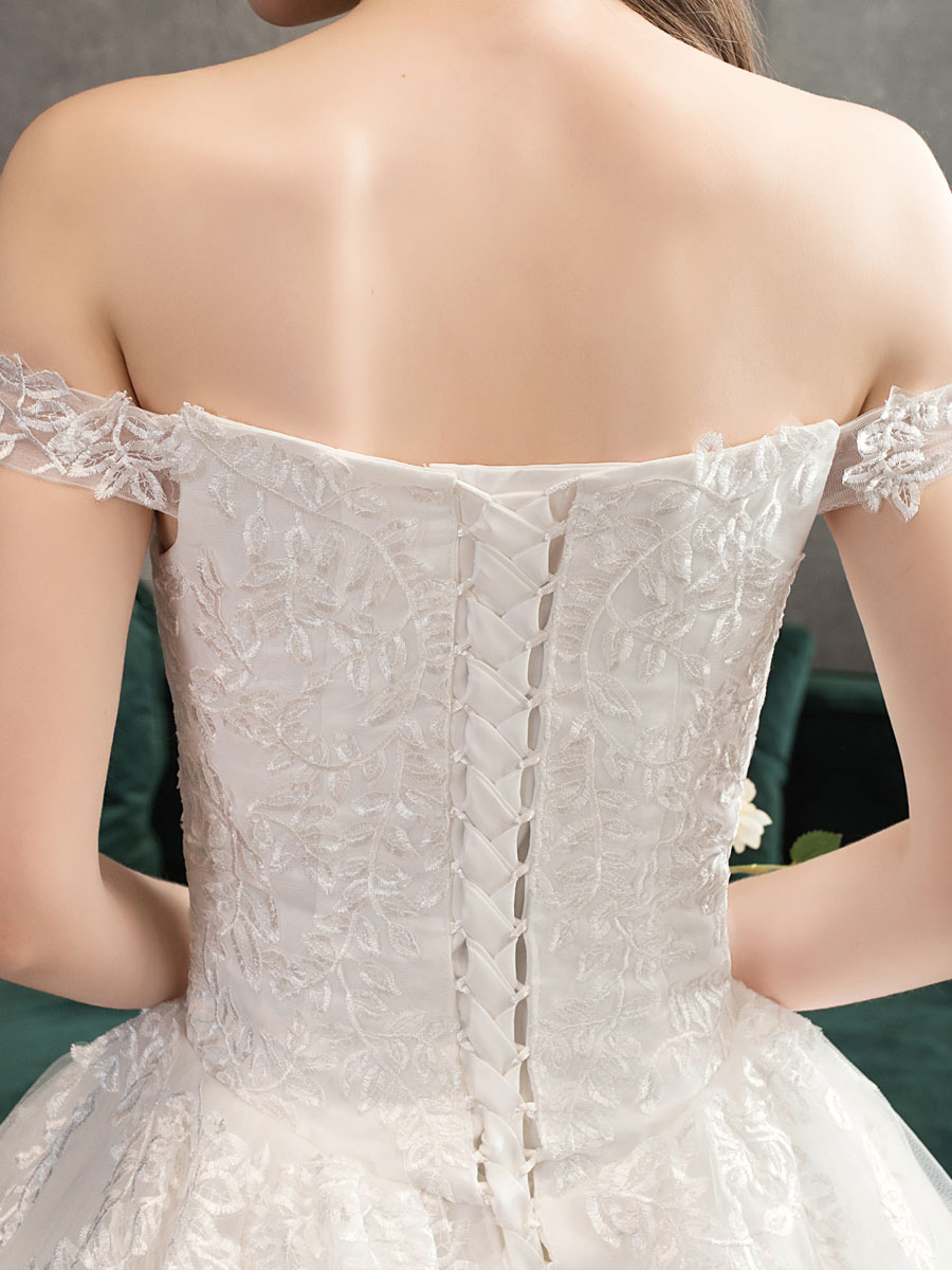 Lace Wedding Dresses Ivory Lace Applique Off The Shoulder Short Sleeve Princess Bridal Gown With Train-newarrivaldress