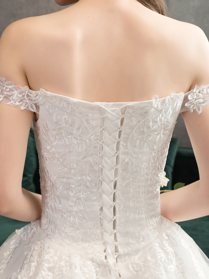 Lace Wedding Dresses Ivory Lace Applique Off The Shoulder Short Sleeve Princess Bridal Gown With Train-newarrivaldress