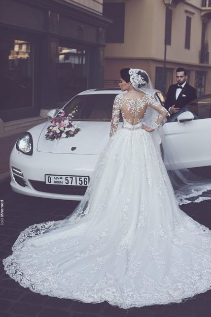 Elegant Long Sleeve Lace Wedding Dresses Online | See Through Ball Gown Bridal Gowns with Cathedral Train-newarrivaldress