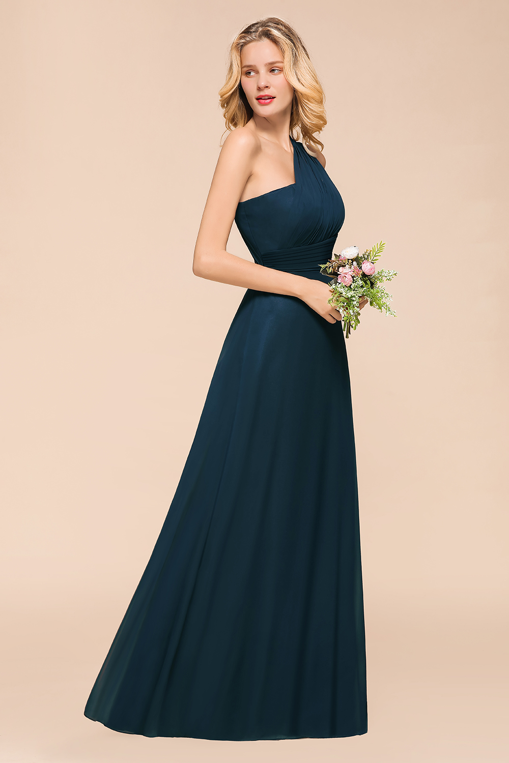 One Shoulder Chiffon Floor Length Bridesmaid Dress Sleeveless Aline Wedding Guest Dress-newarrivaldress