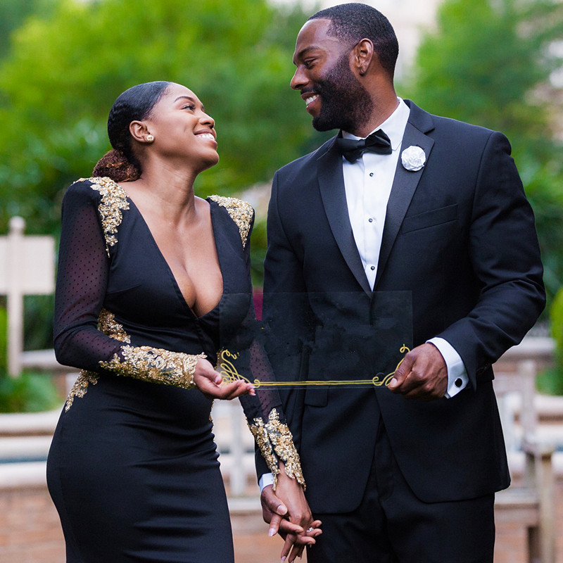 Sexy Mermaid Long-Sleeves Crystal Deep-V-Neck Black Prom Dresses | Long Prom Dress-newarrivaldress