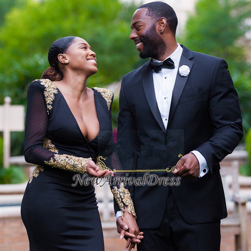 Sexy Mermaid Long-Sleeves Crystal Deep-V-Neck Black Prom Dresses | Long Prom Dress-newarrivaldress