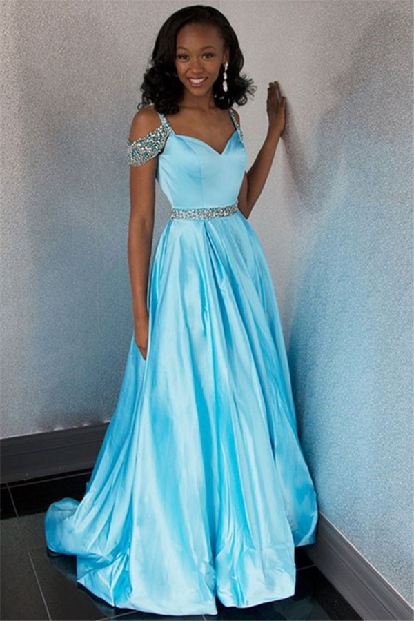Elegant Off-the-Shoulder A-Line Rhinestones Lace Floor-Length Prom Dresses