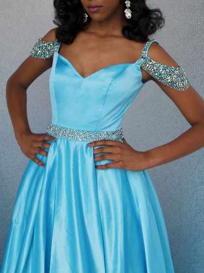Elegant Off-the-Shoulder A-Line Rhinestones Lace Floor-Length Prom Dresses