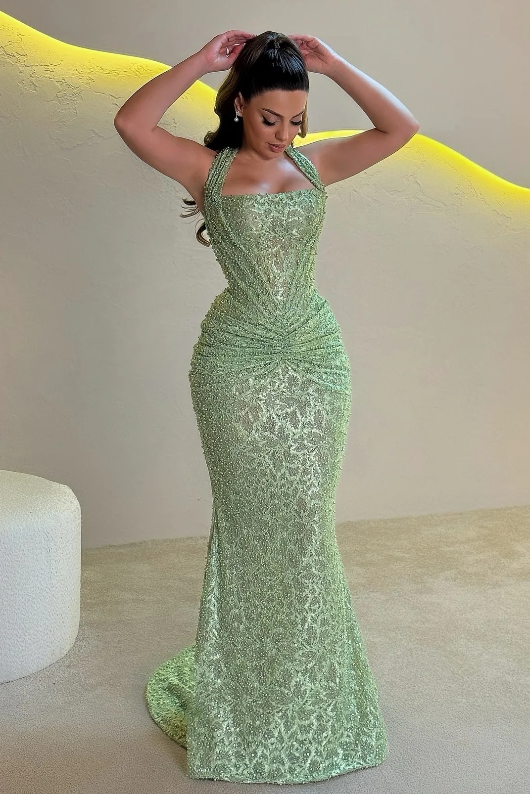 Red Halter Sequined Ruched Floor-Length Mermaid Prom Dress