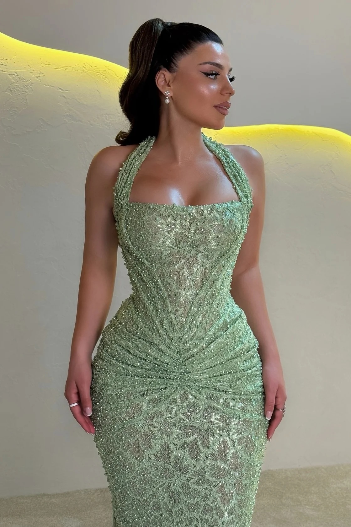 Red Halter Sequined Ruched Floor-Length Mermaid Prom Dress