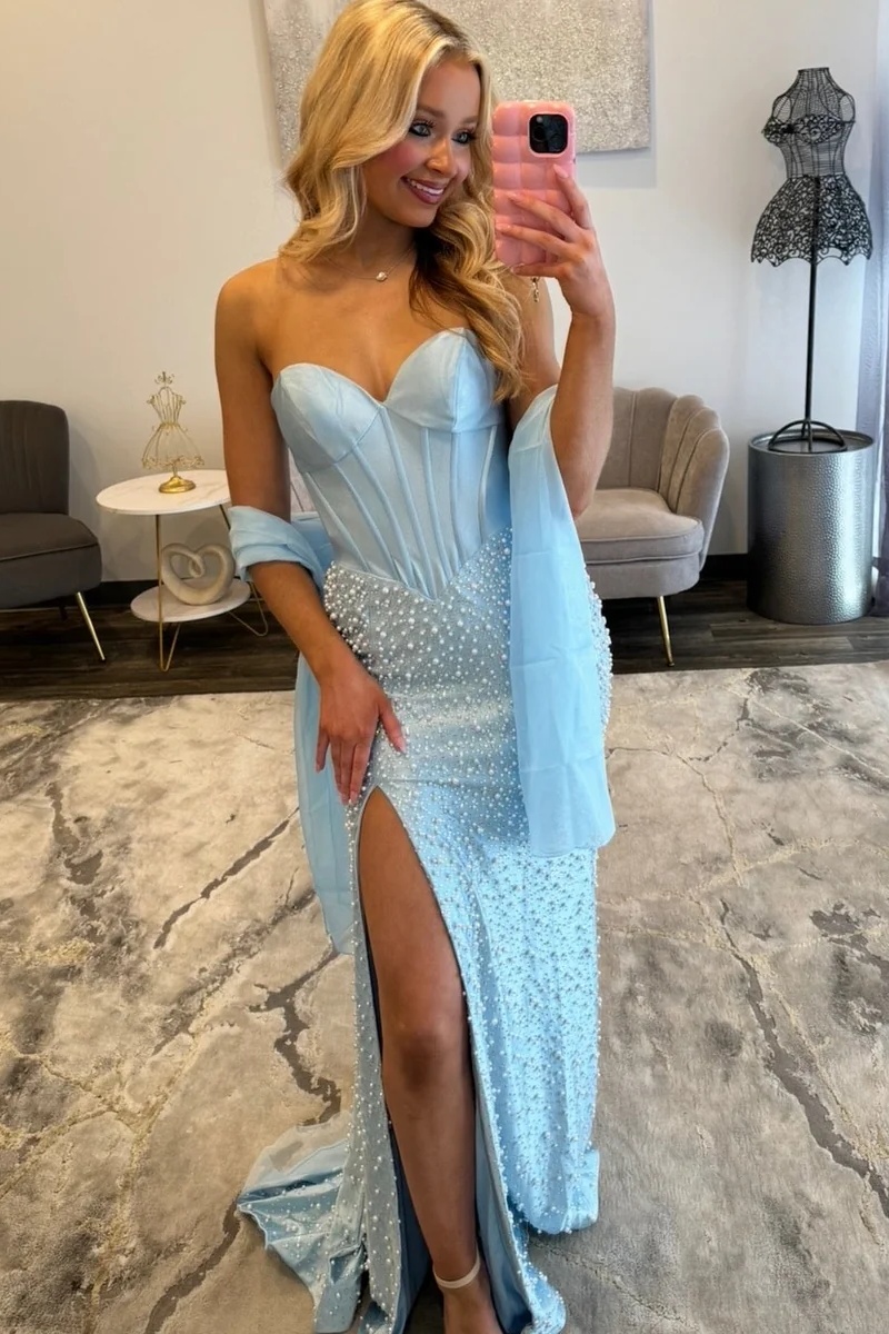 Yellow Sweetheart Satin Beaded Mermaid Prom Dress with High Split