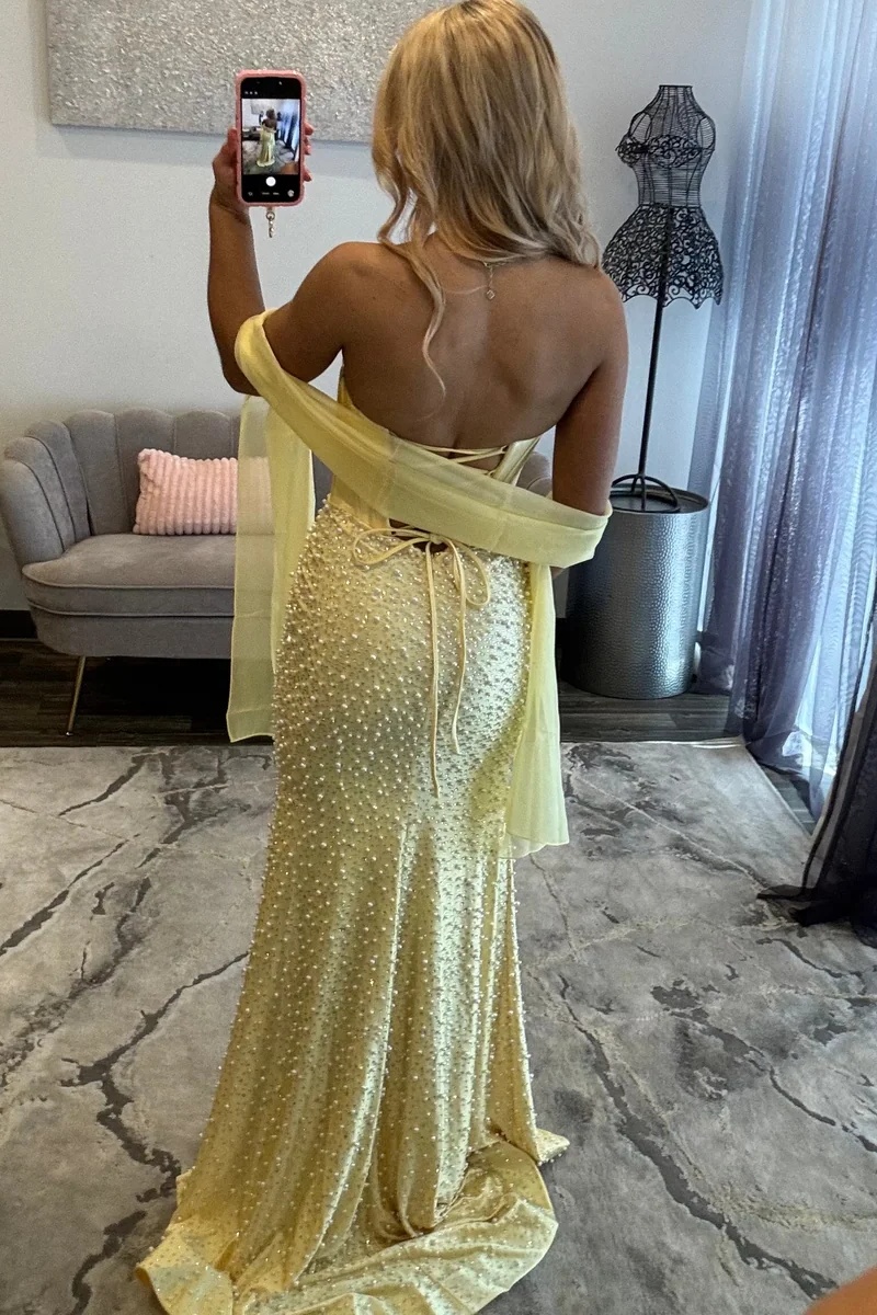 Yellow Sweetheart Satin Beaded Mermaid Prom Dress with High Split