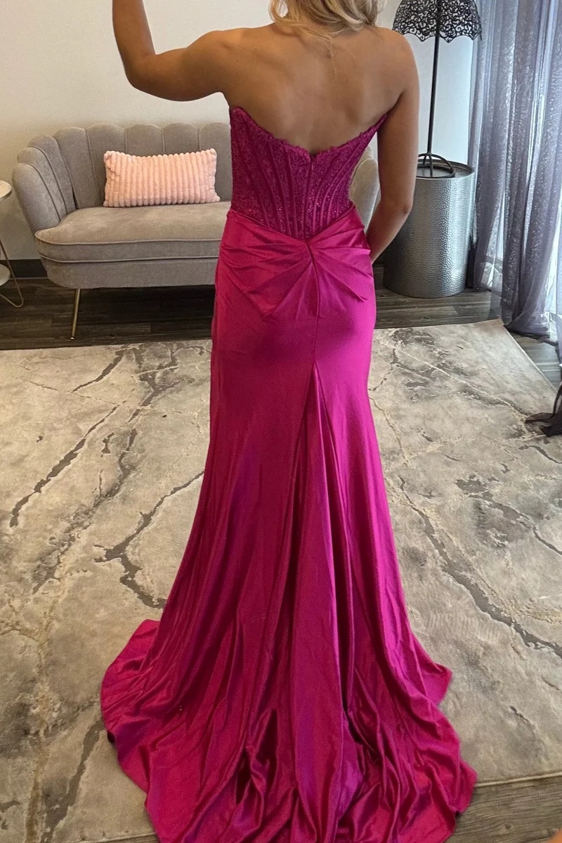 Fuchsia Sweetheart Satin Lace Appliques Mermaid Prom Dress with High Split