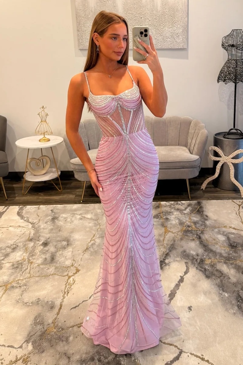 Spaghetti Straps Beaded Tulle Floor-Length Mermaid Prom Dress