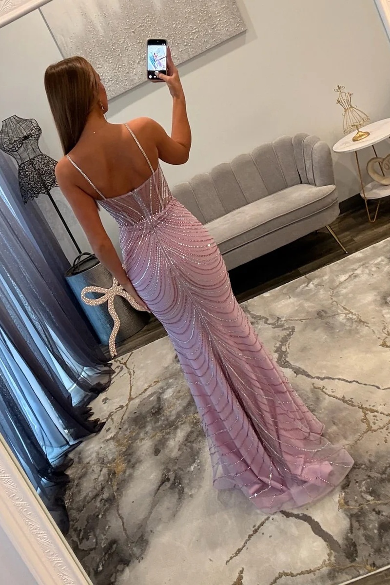 Spaghetti Straps Beaded Tulle Floor-Length Mermaid Prom Dress