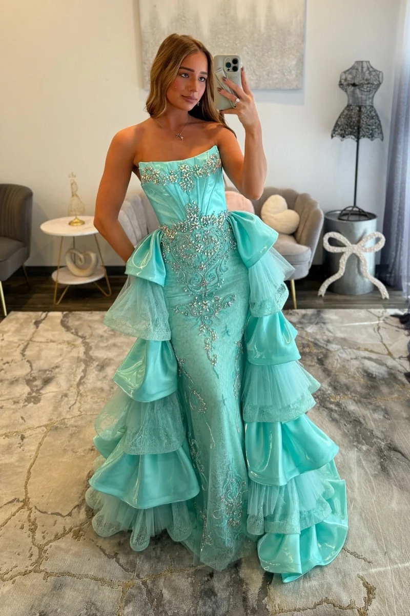 Strapless Satin Beaded Crystal Ruffles Floor-Length Mermaid Prom Dress