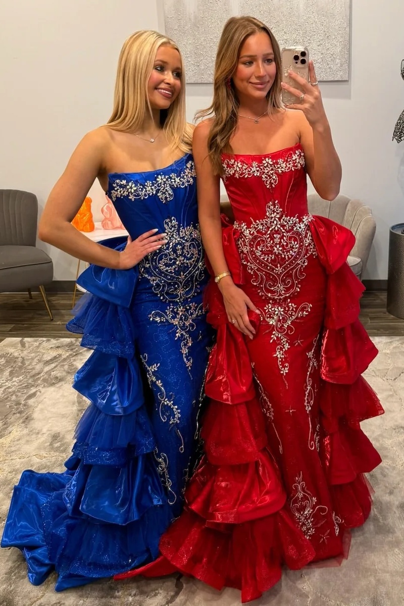 Strapless Satin Beaded Crystal Ruffles Floor-Length Mermaid Prom Dress