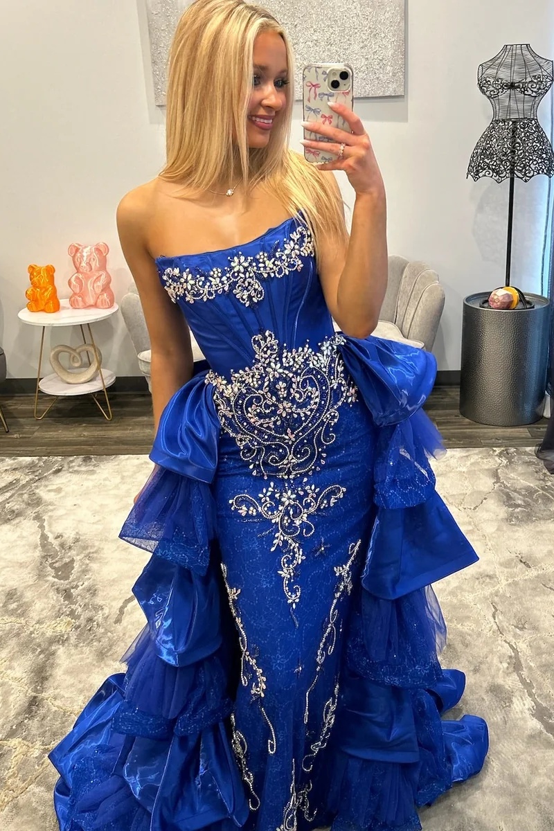 Strapless Satin Beaded Crystal Ruffles Floor-Length Mermaid Prom Dress