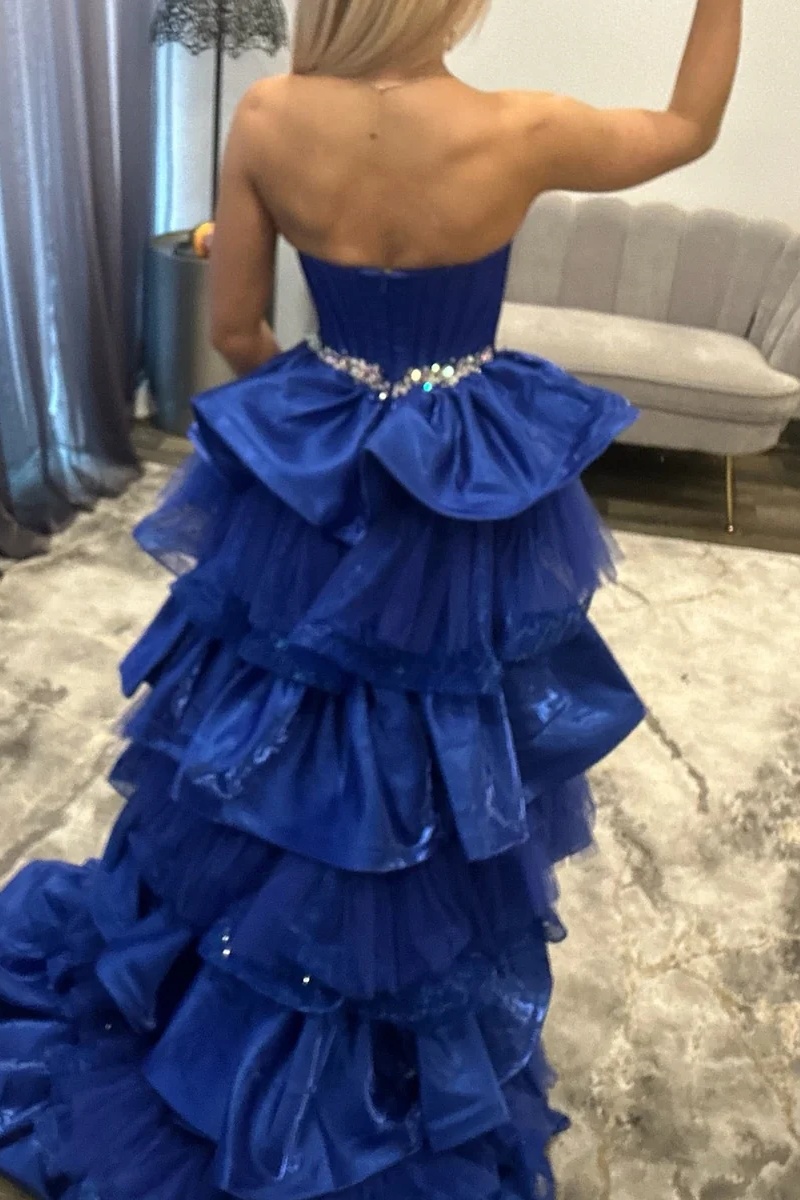 Strapless Satin Beaded Crystal Ruffles Floor-Length Mermaid Prom Dress