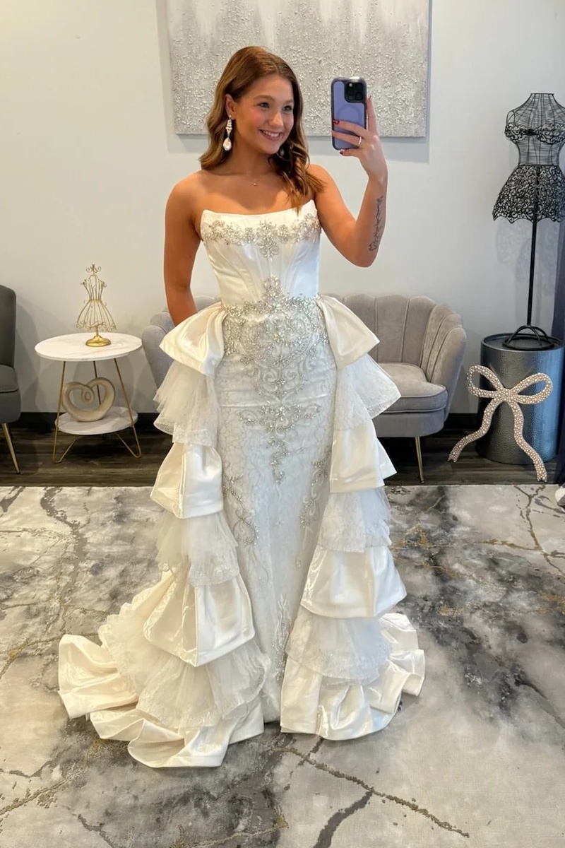 Strapless Satin Beaded Crystal Ruffles Floor-Length Mermaid Prom Dress
