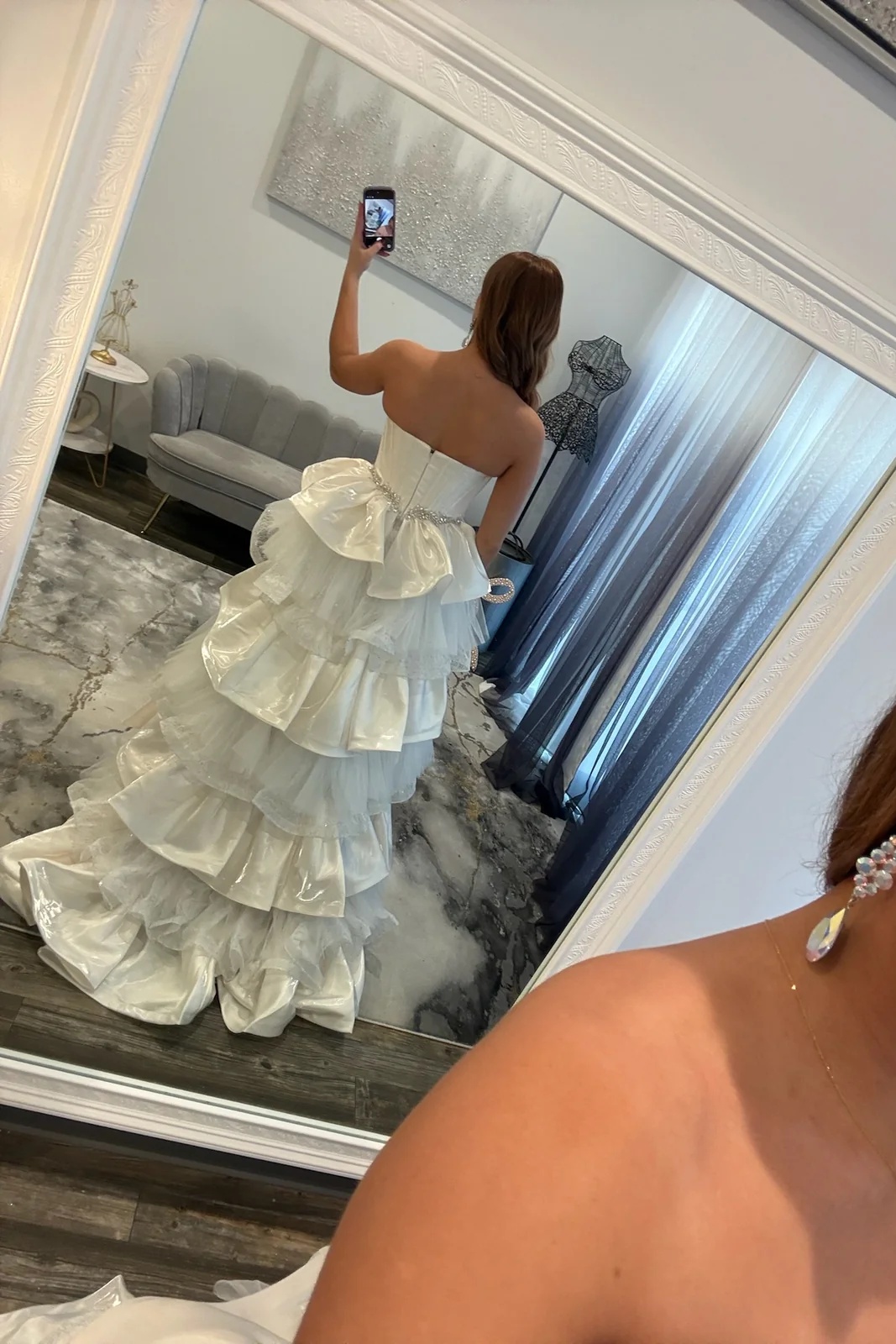 Strapless Satin Beaded Crystal Ruffles Floor-Length Mermaid Prom Dress
