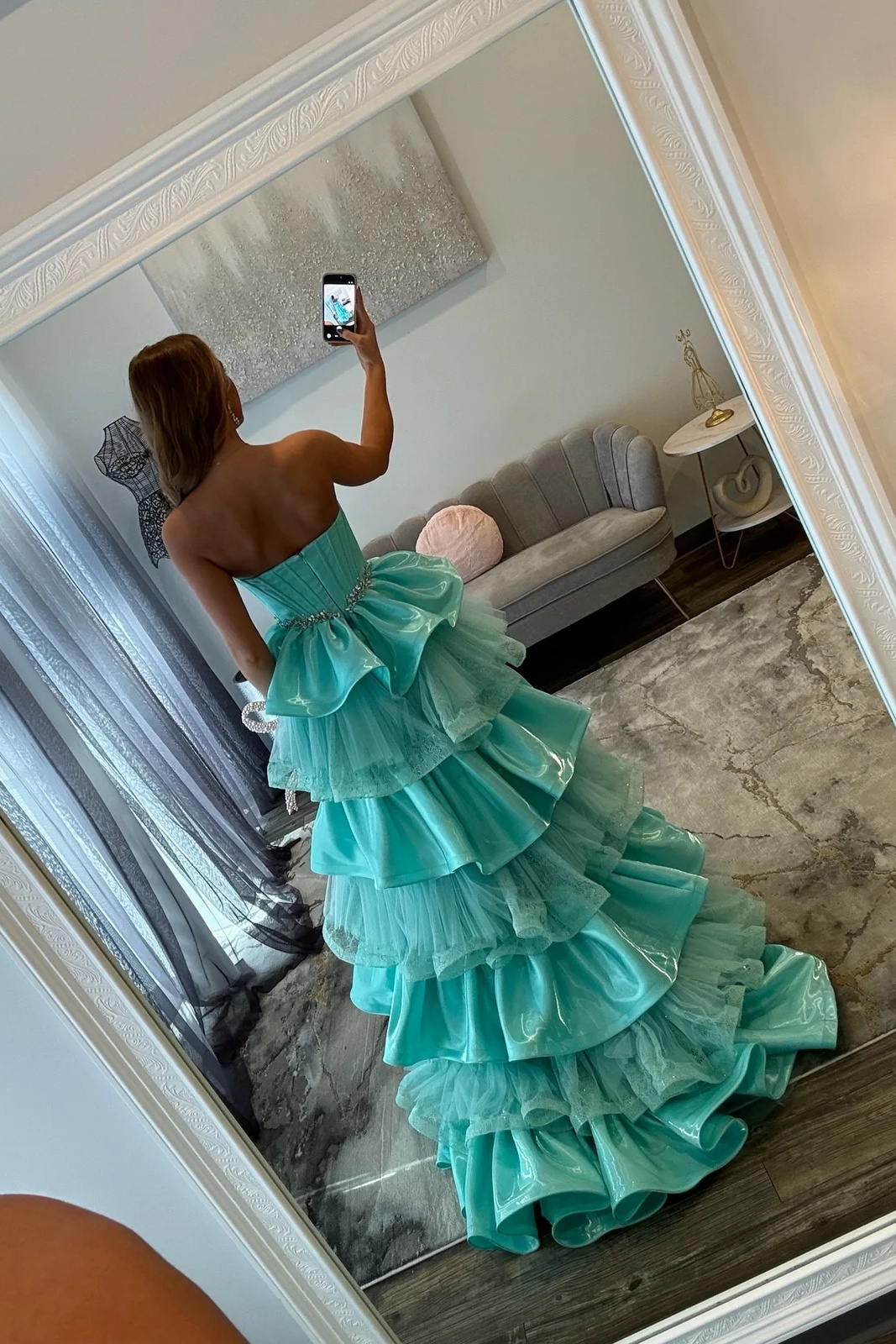 Strapless Satin Beaded Crystal Ruffles Floor-Length Mermaid Prom Dress