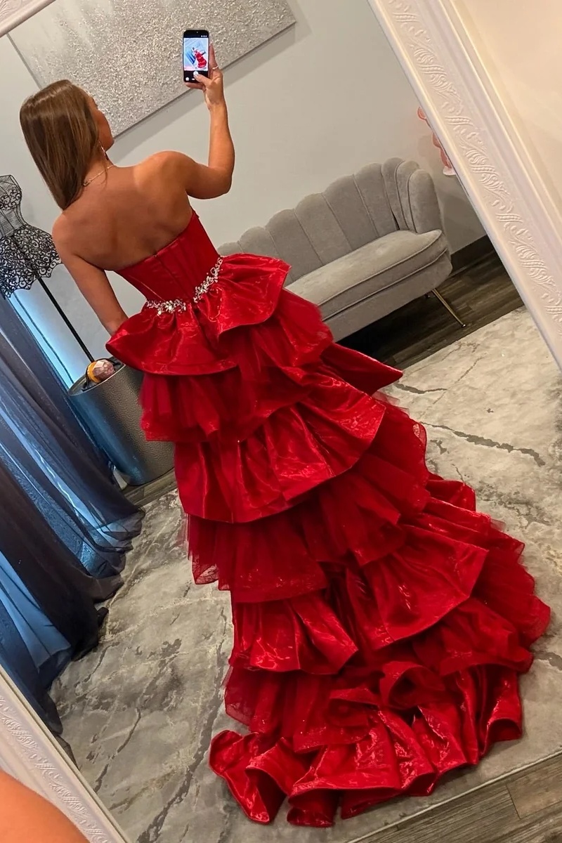 Strapless Satin Beaded Crystal Ruffles Floor-Length Mermaid Prom Dress