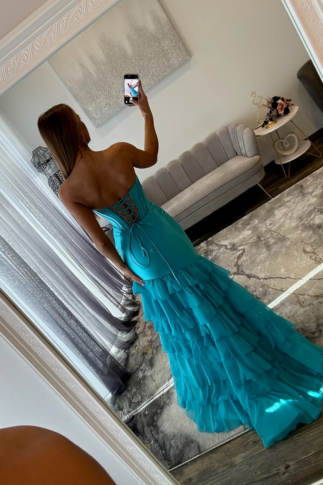 Sweetheart Satin Corset Lace-up Ruffles Floor-Length Mermaid Prom Dress with Split