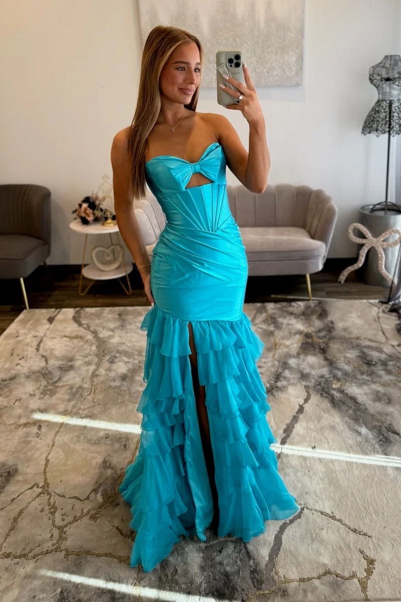Sweetheart Satin Corset Lace-up Ruffles Floor-Length Mermaid Prom Dress with Split
