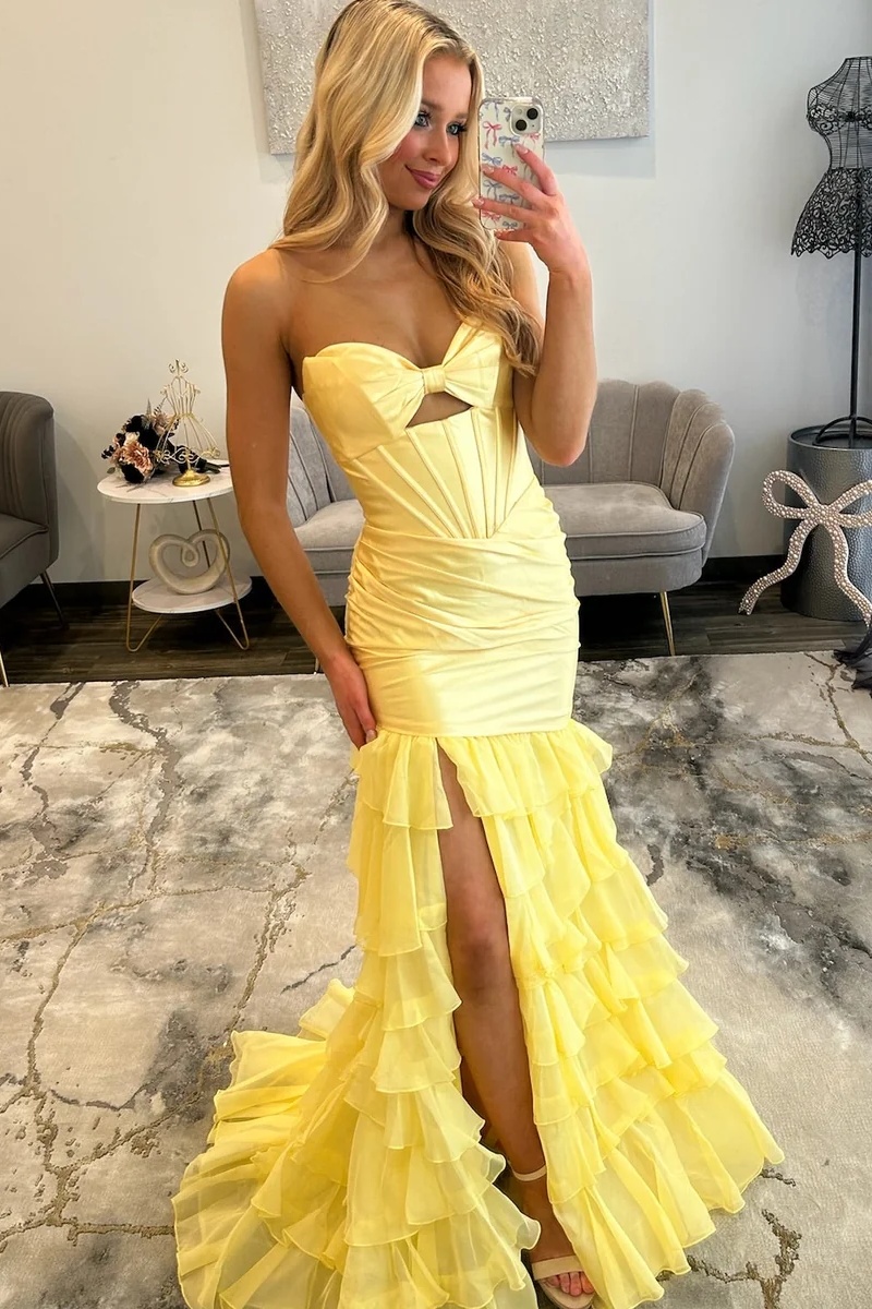 Sweetheart Satin Corset Lace-up Ruffles Floor-Length Mermaid Prom Dress with Split