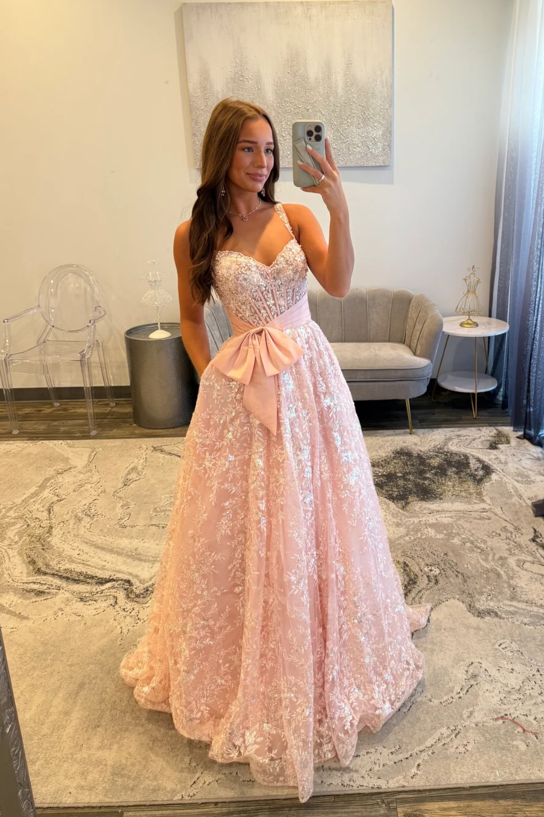 Spaghetti Straps Sequins Appliques Floor-Length A-Line Prom Dress with Bow