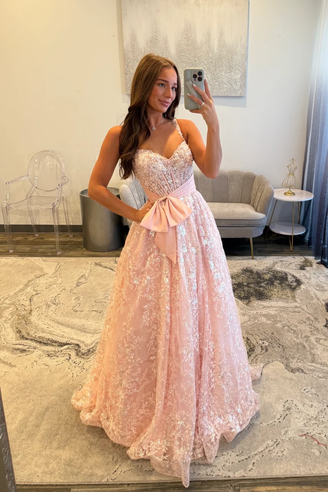 Spaghetti Straps Sequins Appliques Floor-Length A-Line Prom Dress with Bow