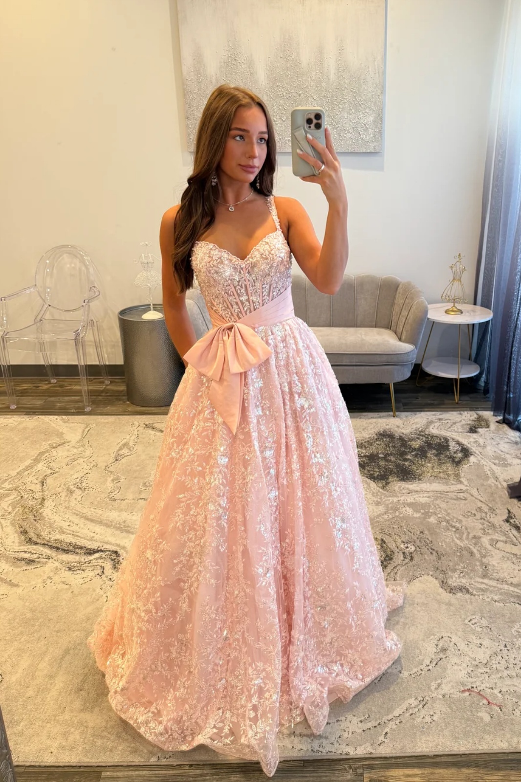 Spaghetti Straps Sequins Appliques Floor-Length A-Line Prom Dress with Bow