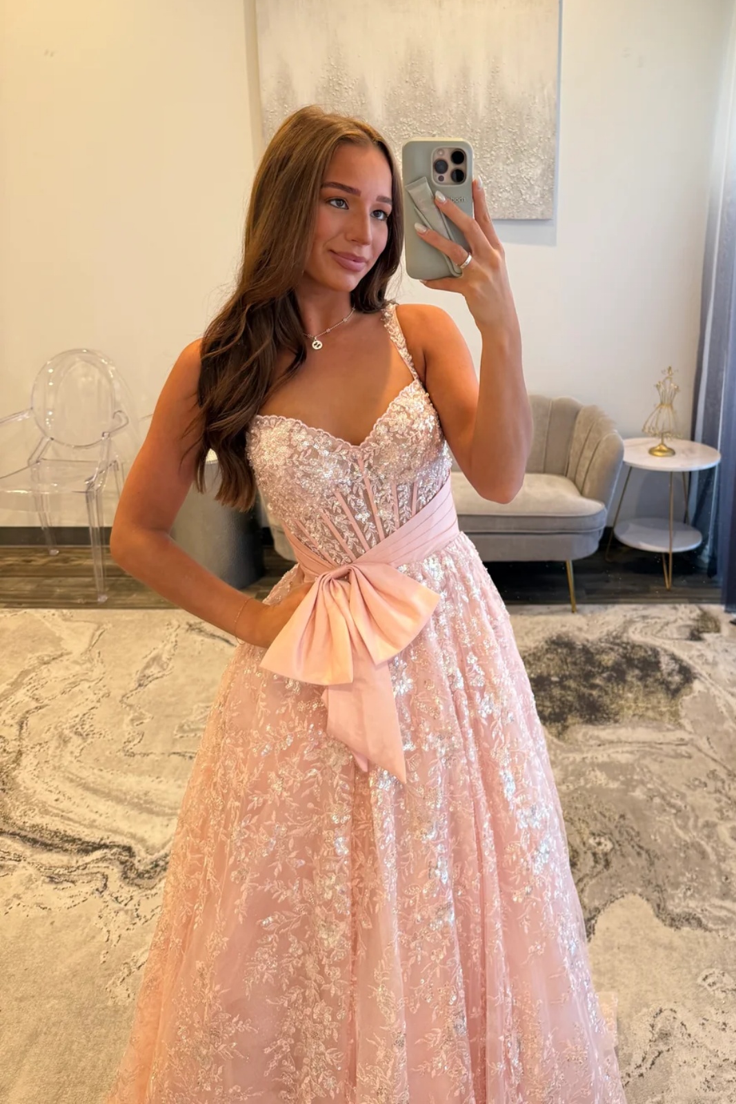 Spaghetti Straps Sequins Appliques Floor-Length A-Line Prom Dress with Bow